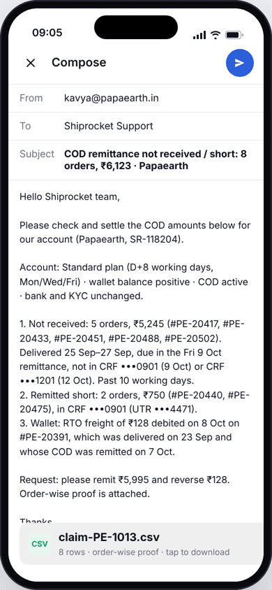 Claim email ready to send from her own mail app with a CSV attached