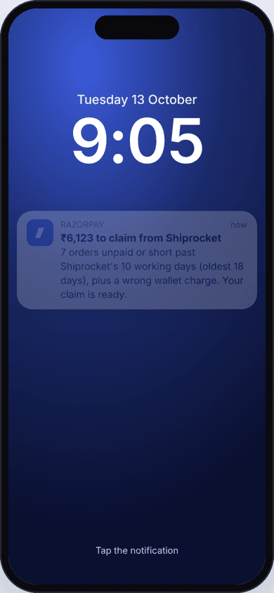 Lock screen push notification saying ₹6,123 to claim from Shiprocket